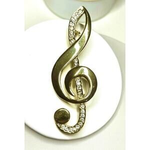 VINTAGE 4" Brooch Pin Musical Clef Note Gold Clear Rhinestones Vtg Jewelry U09